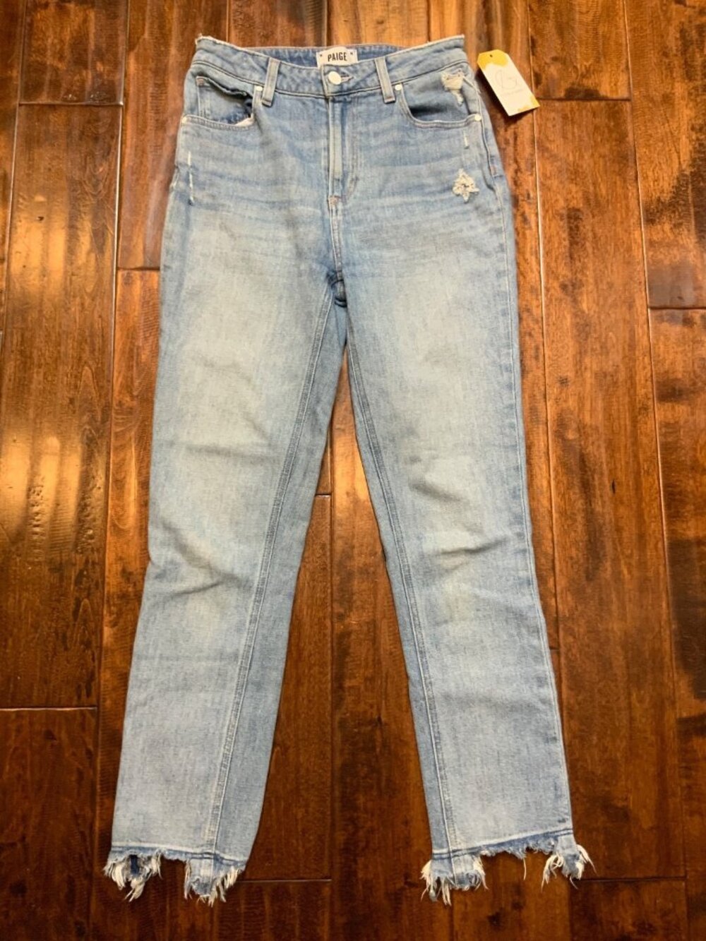 Paige Light Wash Sarah Slim Distressed Blue Jeans W/ Raw Hems, Size 26